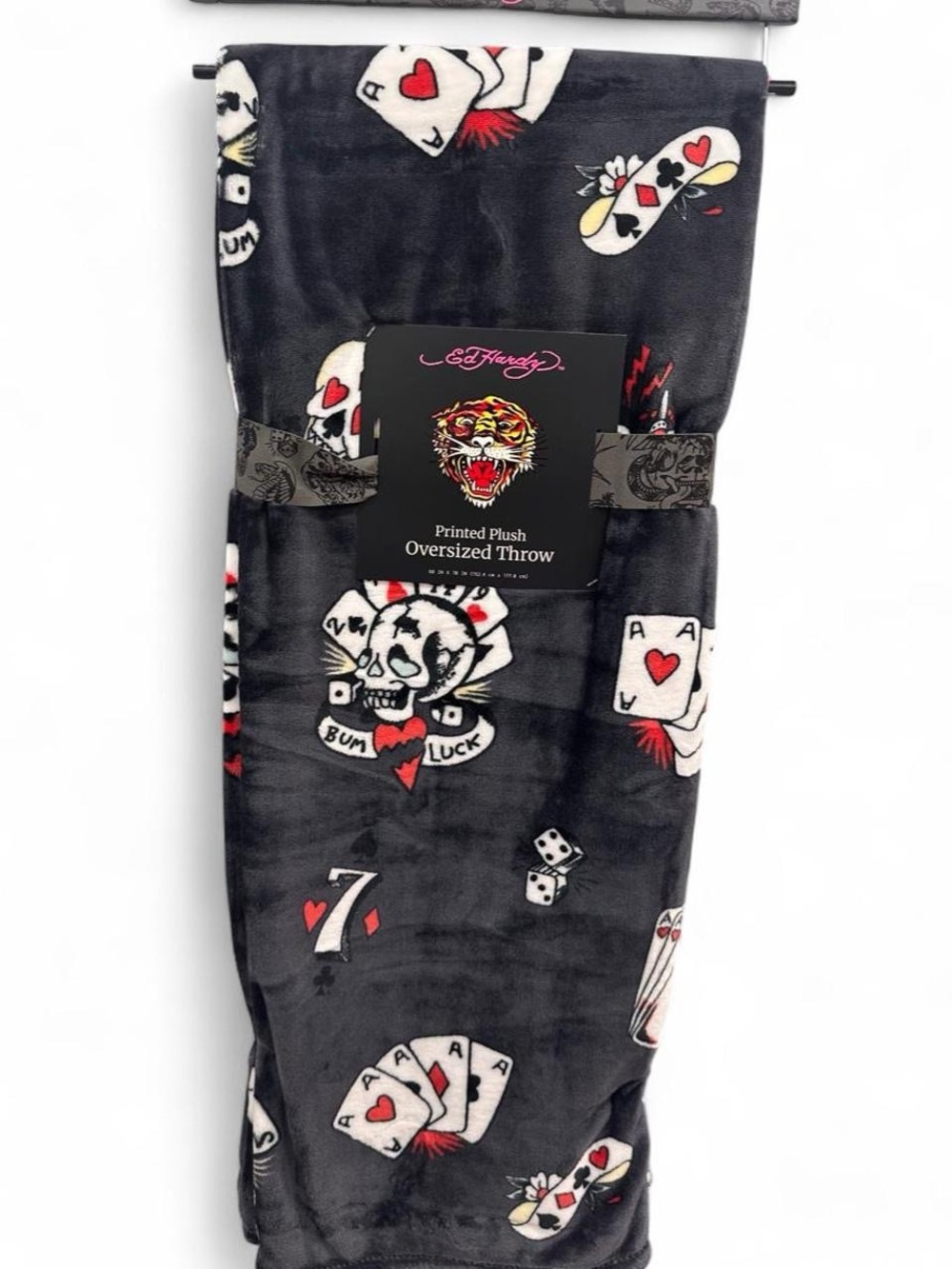 Ed Hardy Black Printed Plush Oversized Throw - Playing Card & Skull Motif
